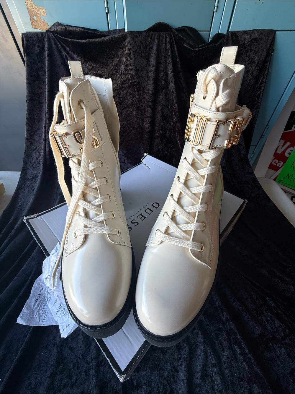 Guess new Women's Cream Lace-Up Combat Boots with Gold Buckle